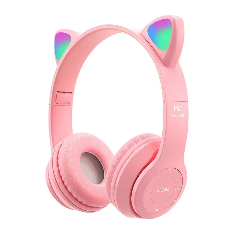 Cute Cat Ear Wireless Headphones with Rgb LED Lights for Kids Stereo Bluetooth Headset for Mobile Music and Computer Gaming