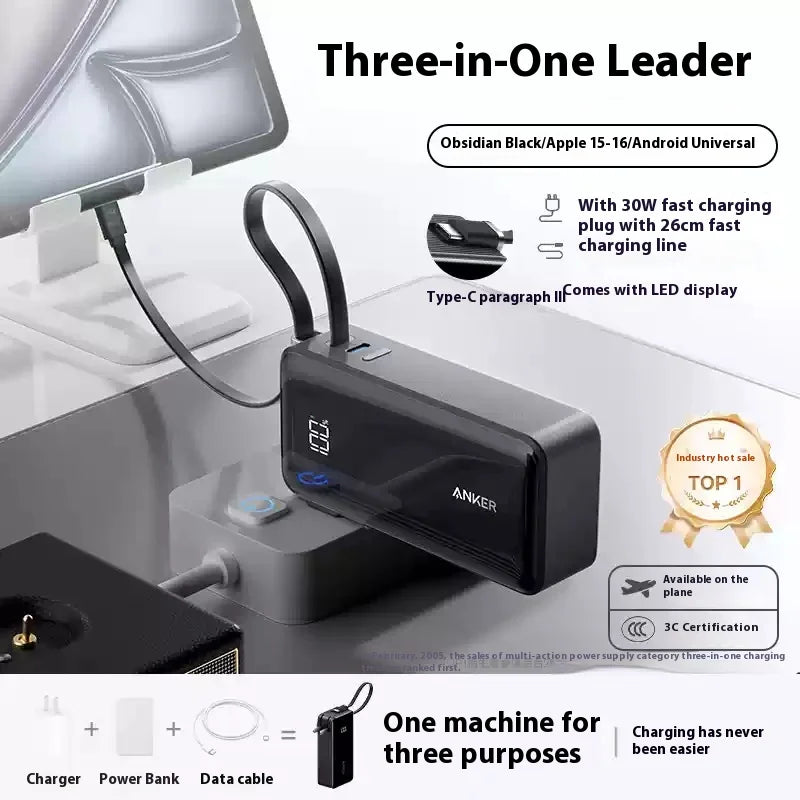 Anker 3-In-1 Portable Power Bank 10000mah  Charger With Built-In Usb-C Cable And Foldable Wall Plug 30w Fast Charging