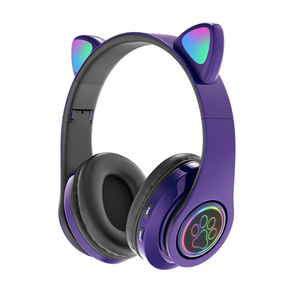 Cute Cat Ear Wireless Headphones with Rgb LED Lights for Kids Stereo Bluetooth Headset for Mobile Music and Computer Gaming