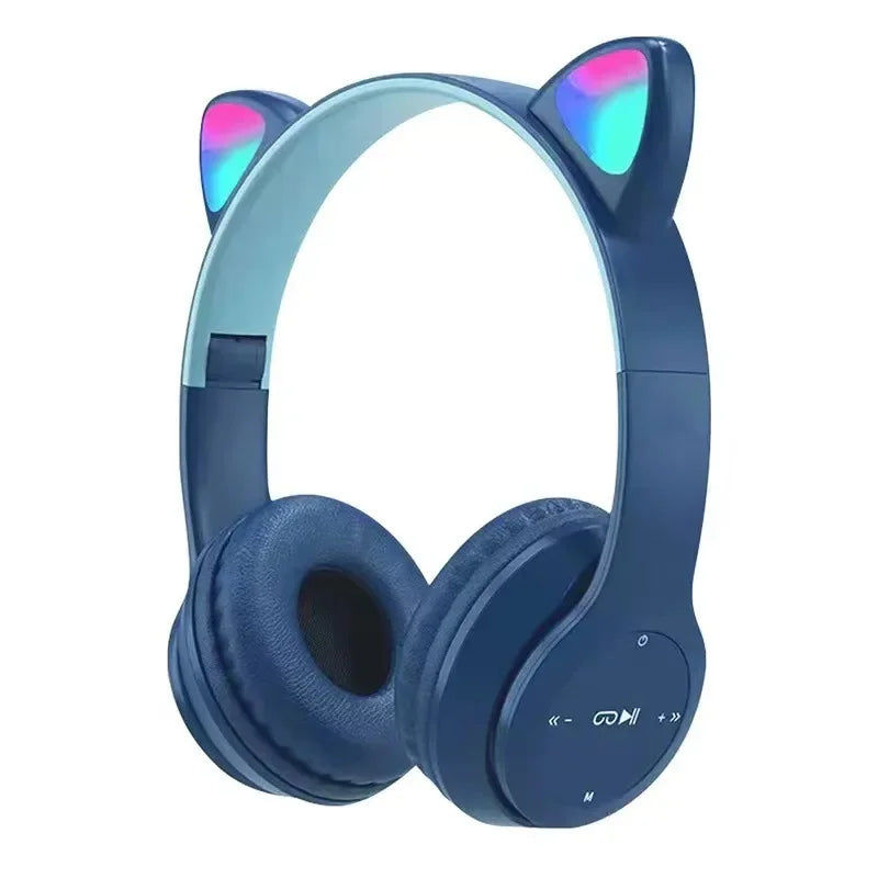 Cute Cat Ear Wireless Headphones with Rgb LED Lights for Kids Stereo Bluetooth Headset for Mobile Music and Computer Gaming