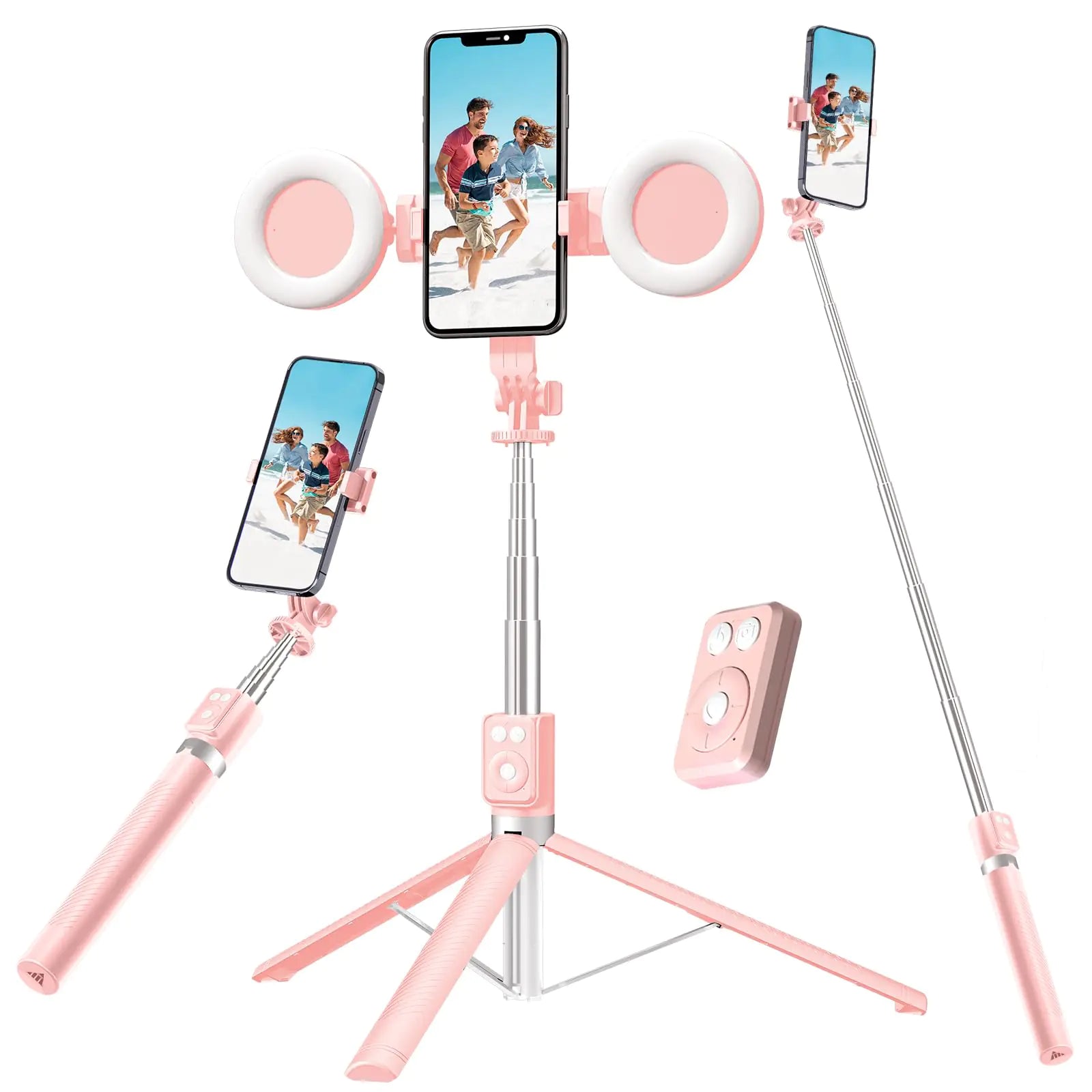 Selfie Stick Tripod with Fill Light Phone Selfie Stick ,Durable Stainless Steel Design Bluetooth Remote Control and Stable Three-Legged Support for Live Broadcasts Video Shooting (Pink)