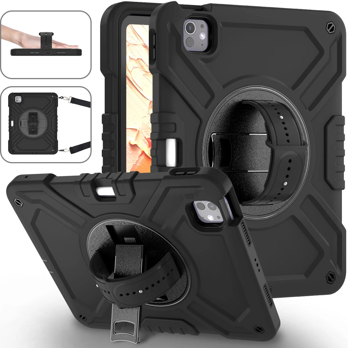 Shockproof Case for iPad pro 11 inch (2024) with 360° Rotating Hand Strap, Portable Shoulder Strap and Pencil Slot