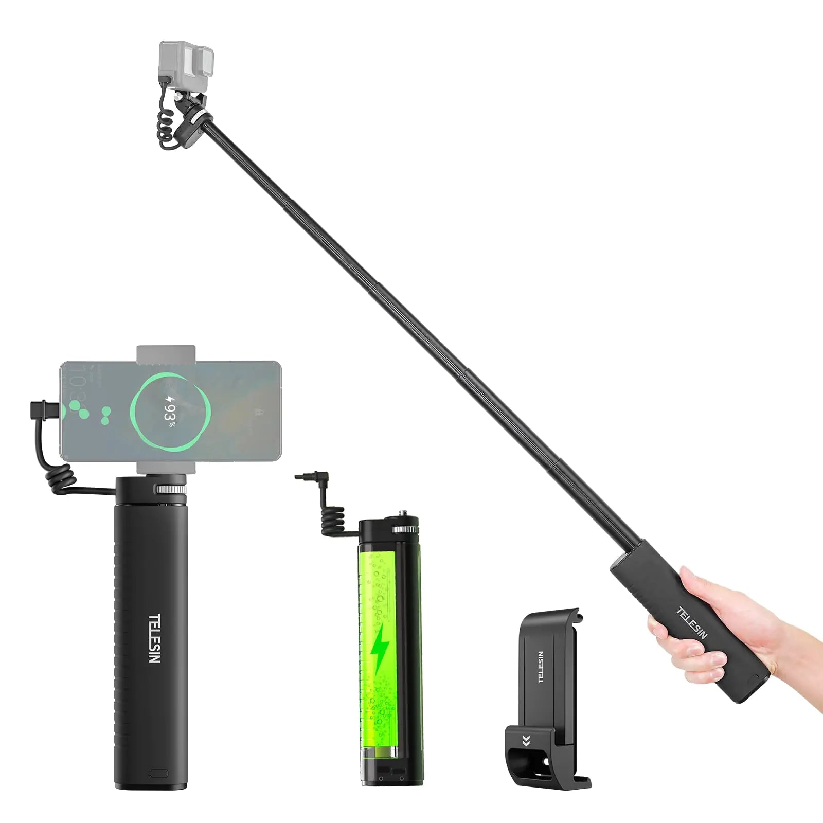 TELESIN 35.4" Power Stick Pole Handler Grip for GoPro Phone Mirrorless Camera Extension Waterproof Large Capacity Battery Charger Station Bank Supply for Insta360 DJI Action Canon Sony iPhone Android
