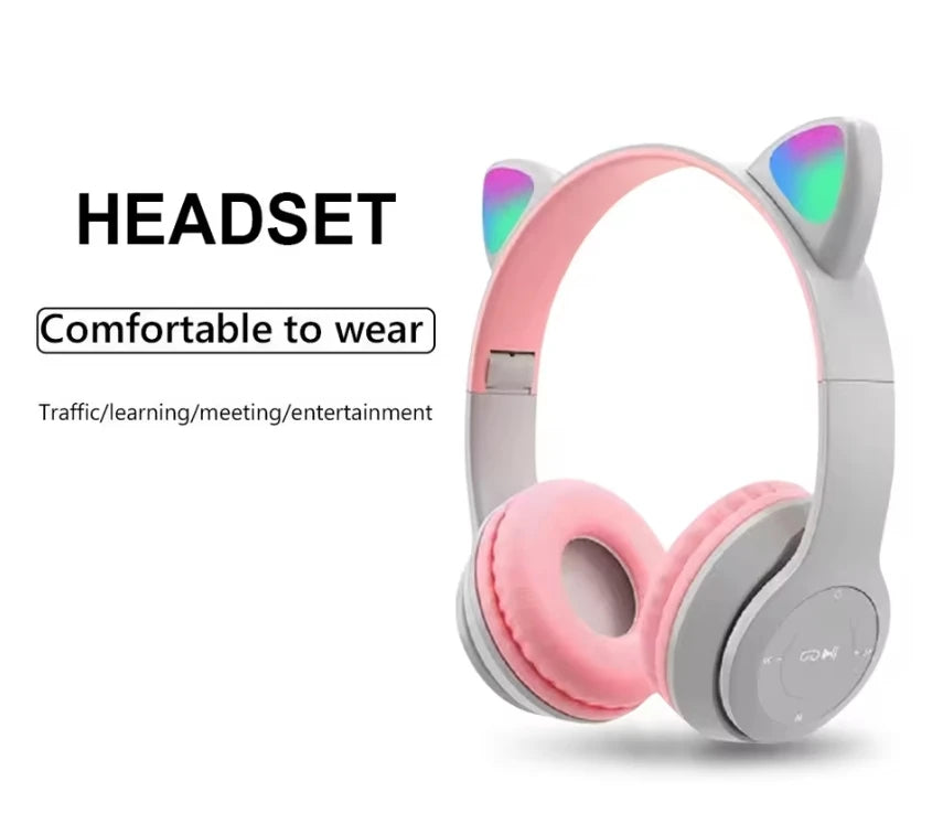 Cute Cat Ear Wireless Headphones with Rgb LED Lights for Kids Stereo Bluetooth Headset for Mobile Music and Computer Gaming
