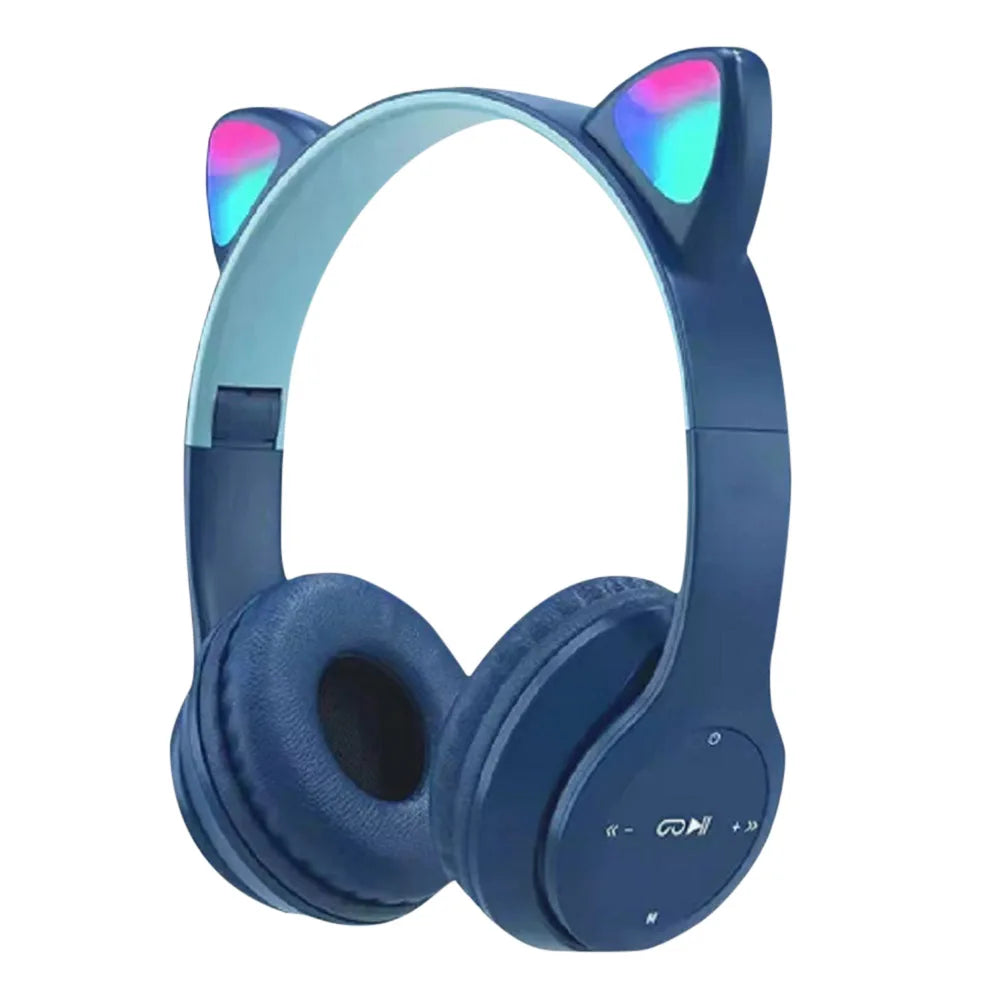 Cute Cat Ear Wireless Headphones with Rgb LED Lights for Kids Stereo Bluetooth Headset for Mobile Music and Computer Gaming