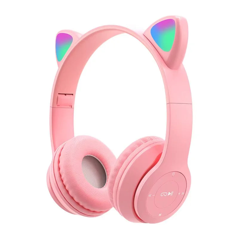 Cute Cat Ear Wireless Headphones with Rgb LED Lights for Kids Stereo Bluetooth Headset for Mobile Music and Computer Gaming
