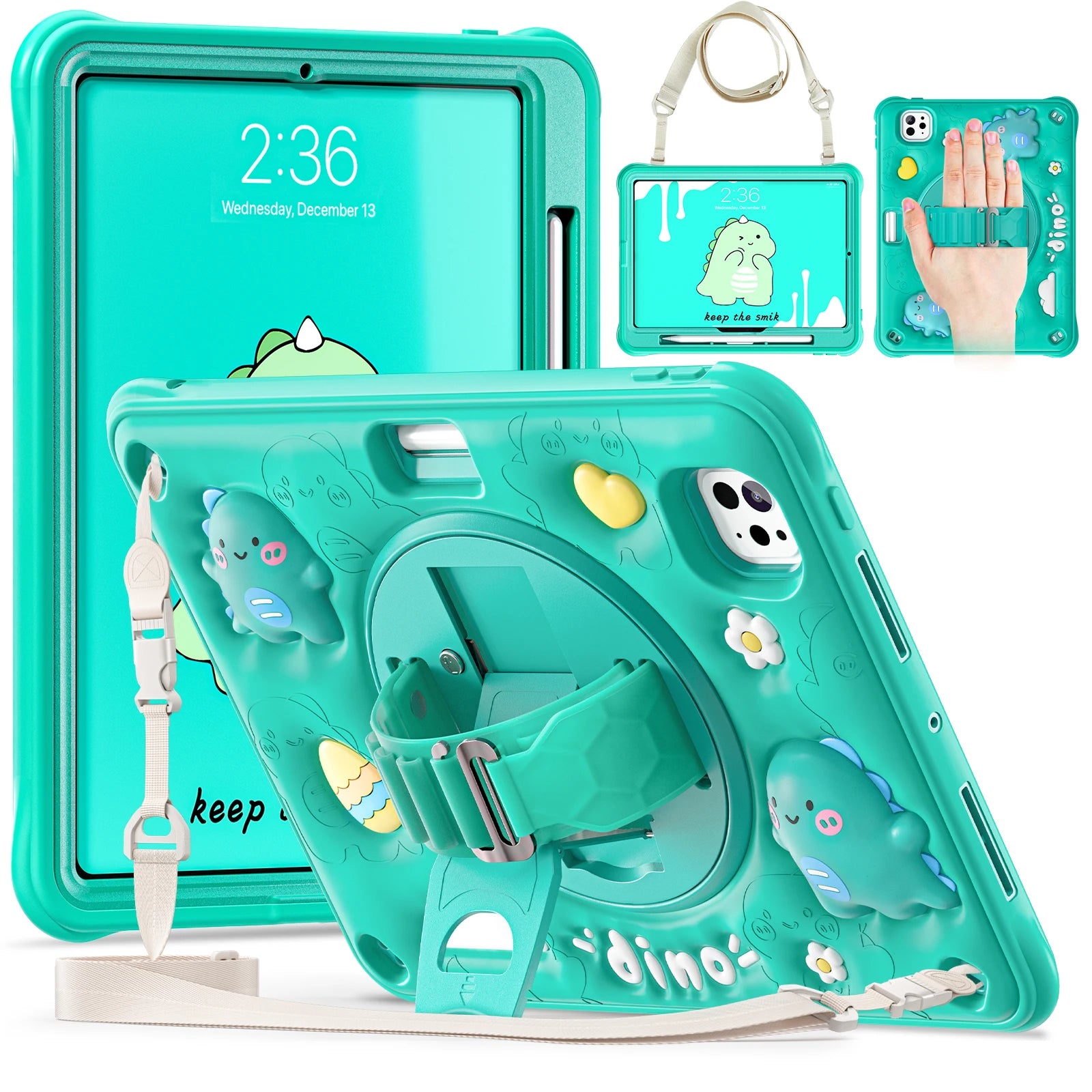 Heavy Duty Kids Cartoon Case For iPad Pro 11 2024 M4 A2836 A2837 A3006 360 Rotatable Hybrid Stand Cover With Hand Shoulder Strap