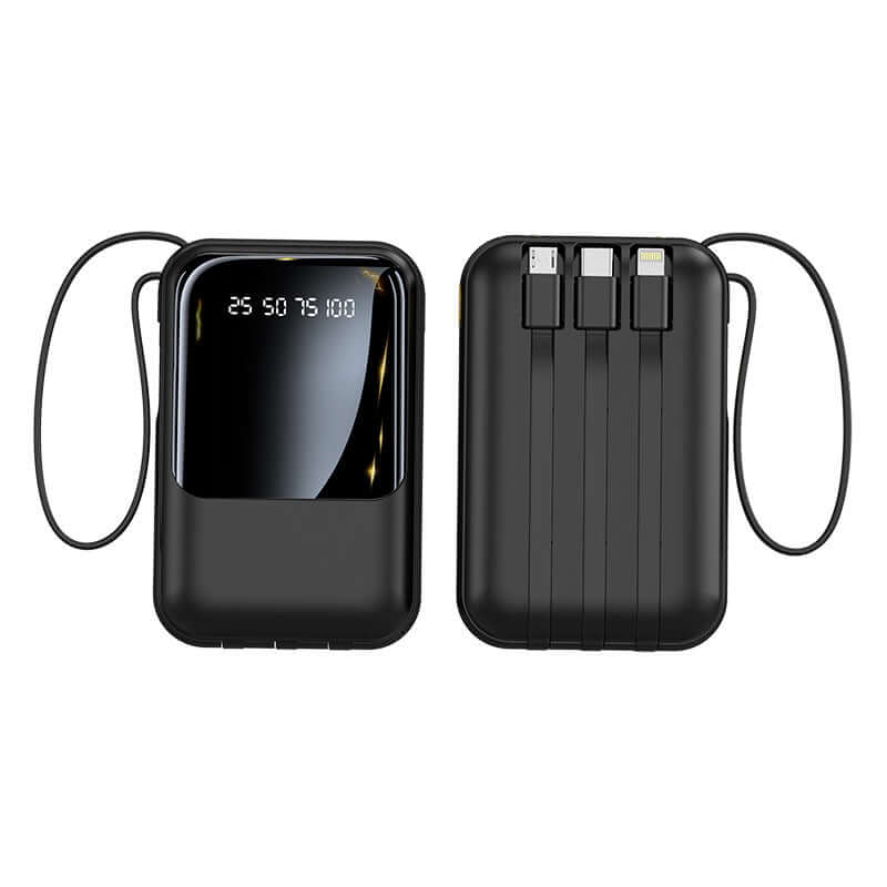 Mini 10000mAh Power Bank with Built-in Cable, Cute Design - compact design with LED display and built-in charging cables.