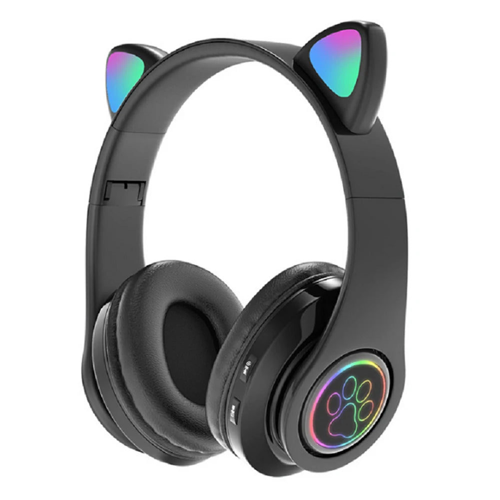 Cute Cat Ear Wireless Headphones with Rgb LED Lights for Kids Stereo Bluetooth Headset for Mobile Music and Computer Gaming