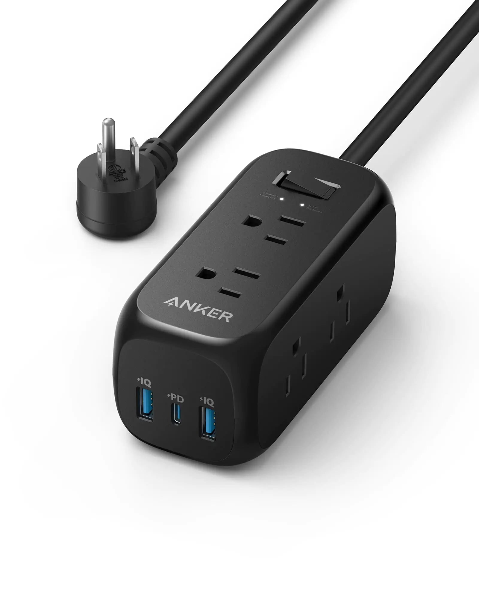 Anker 332 USB C Power Strip Surge Protector(300J)5ft Extension Cord6 Outlets and 20W Power Delivery for iPhone 15/15 Plus/15 Pro/15 Pro Max 3-Side Outlet Extender for HomeOfficeTUV Listed(Black)