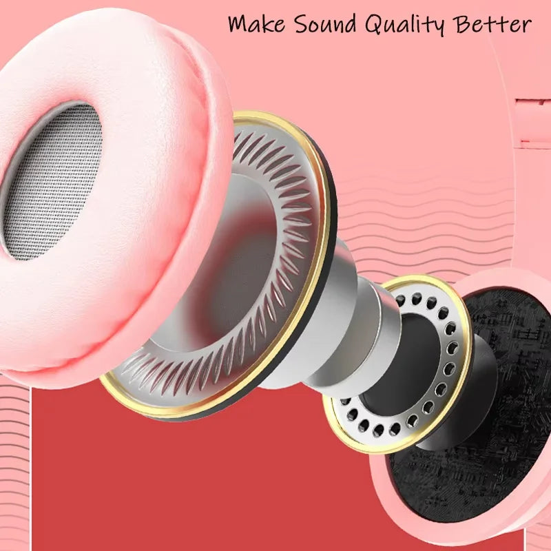 Cute Cat Ear Wireless Headphones with Rgb LED Lights for Kids Stereo Bluetooth Headset for Mobile Music and Computer Gaming