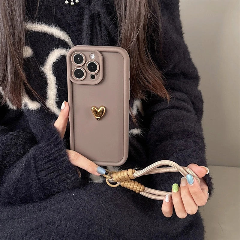 Cute Korean 3D Golden Love Heart Soft Case For iPhone 16 17 Pro Max 15 14 13 12 11 Pro 16E 7 8 Plus Wrist Chain Hang Strap Cover