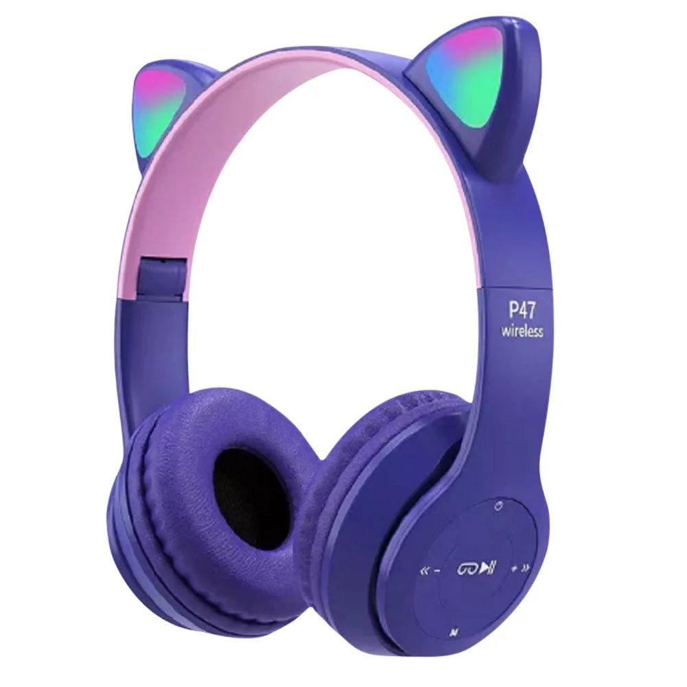Cute Cat Ear Wireless Headphones with Rgb LED Lights for Kids Stereo Bluetooth Headset for Mobile Music and Computer Gaming