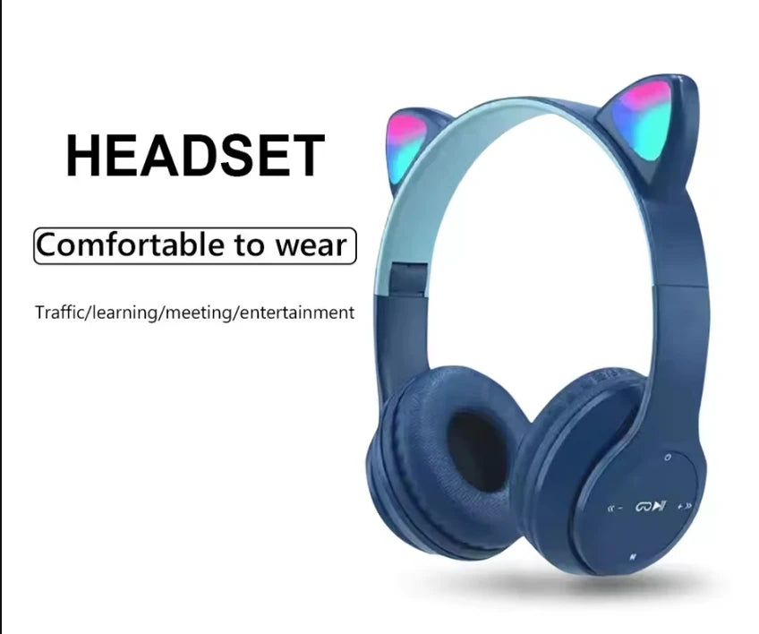 Cute Cat Ear Wireless Headphones with Rgb LED Lights for Kids Stereo Bluetooth Headset for Mobile Music and Computer Gaming