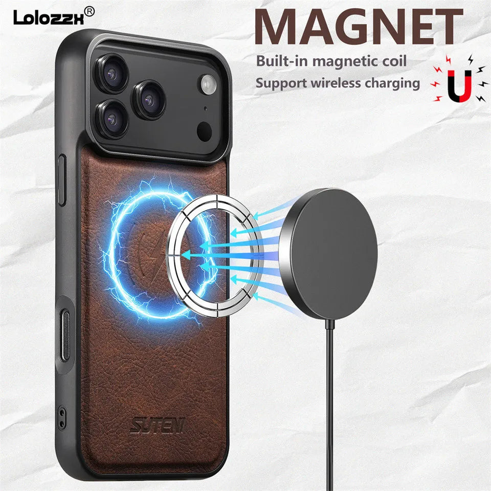 for Magsafe Phone Case For iPhone 17 Air 13 14 15 16 17 Pro Max Luxury Leather Magnetic Wireless Charging Back Cover K0027