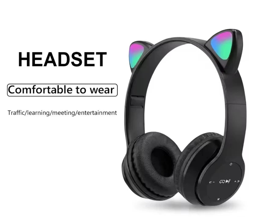Cute Cat Ear Wireless Headphones with Rgb LED Lights for Kids Stereo Bluetooth Headset for Mobile Music and Computer Gaming