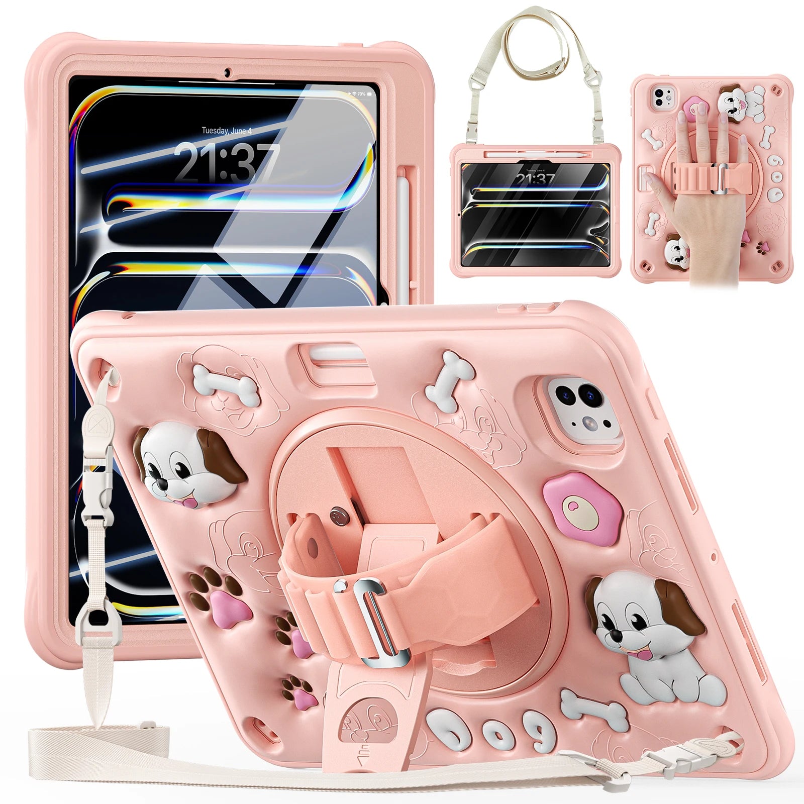 Heavy Duty Kids Cartoon Case For iPad Pro 11 2024 M4 A2836 A2837 A3006 360 Rotatable Hybrid Stand Cover With Hand Shoulder Strap