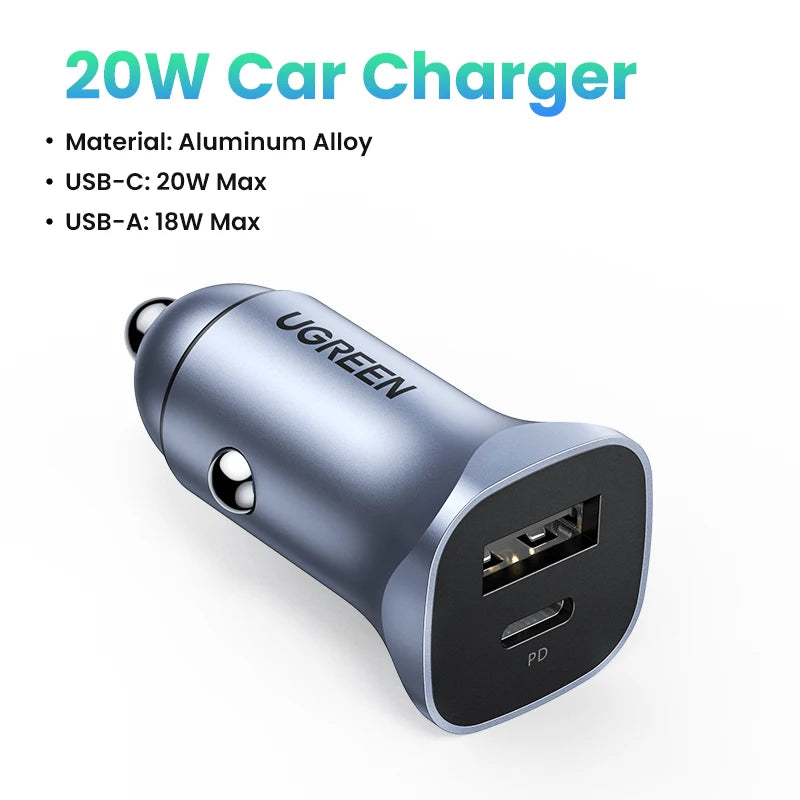 UGREEN 20W Car Charger Dual Port QC 4.0 3.0 Fast Charging For iPhone 17 16 15 Xiaomi Huawei Samsung Supercharge Type C Charger