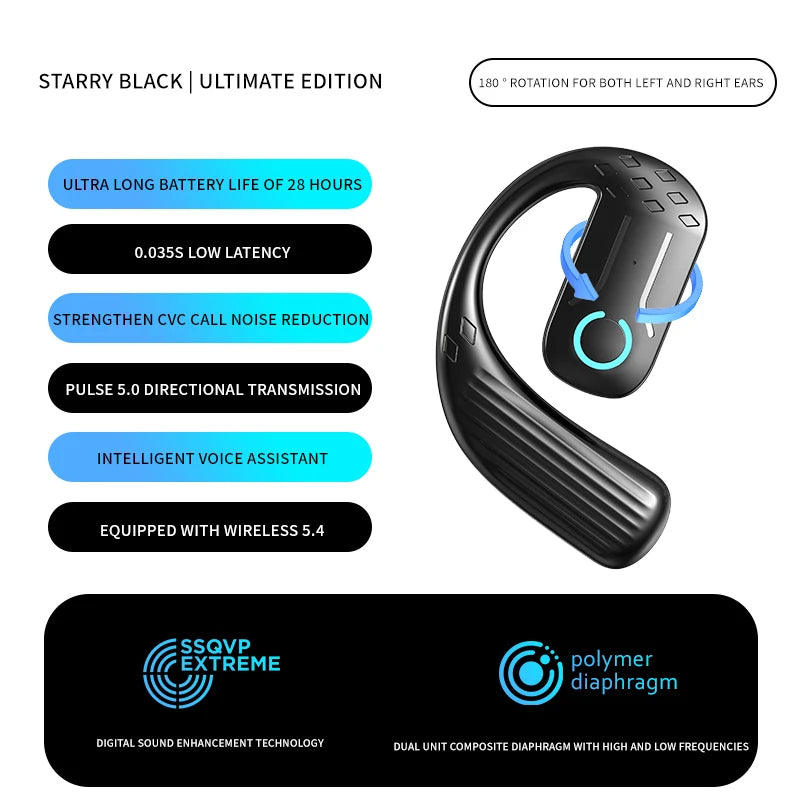 bluetooth 5.4 headset, open wireless earphone, universal ear-hook earphone, left right adjustable headset, sport business bluetooth earphone, wireless headset with mic, rotation ear hook headphone.