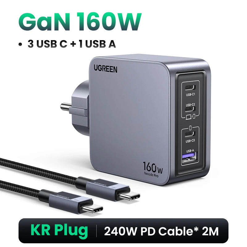【Korean Plug】UGREEN 160W GaN Charger PD3.1 QC4.0 Quick Charge For Macbook Pro Laptop iPhone 16 15 Pro Max Xiaomi Tablet iPad