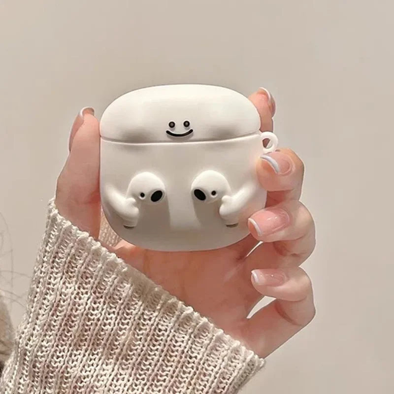 For Airpods 1 2 Pro 3 Individuality Cute White Cartoon with Earphones Hook up Anti-Drop Earphone Case For Airpods Pro 2 Shell