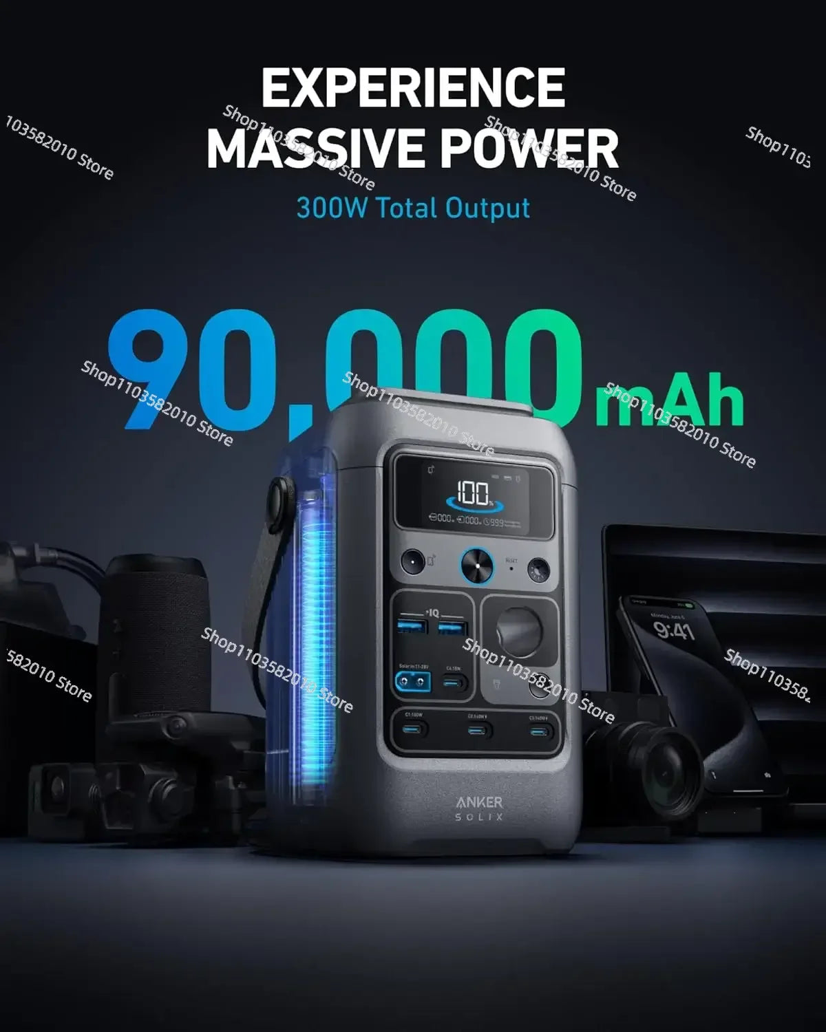Power Bank Station Anker SOLIX C300 288Wh (90,000mAh) Portable 300W Power Station LiFePO4 Battery