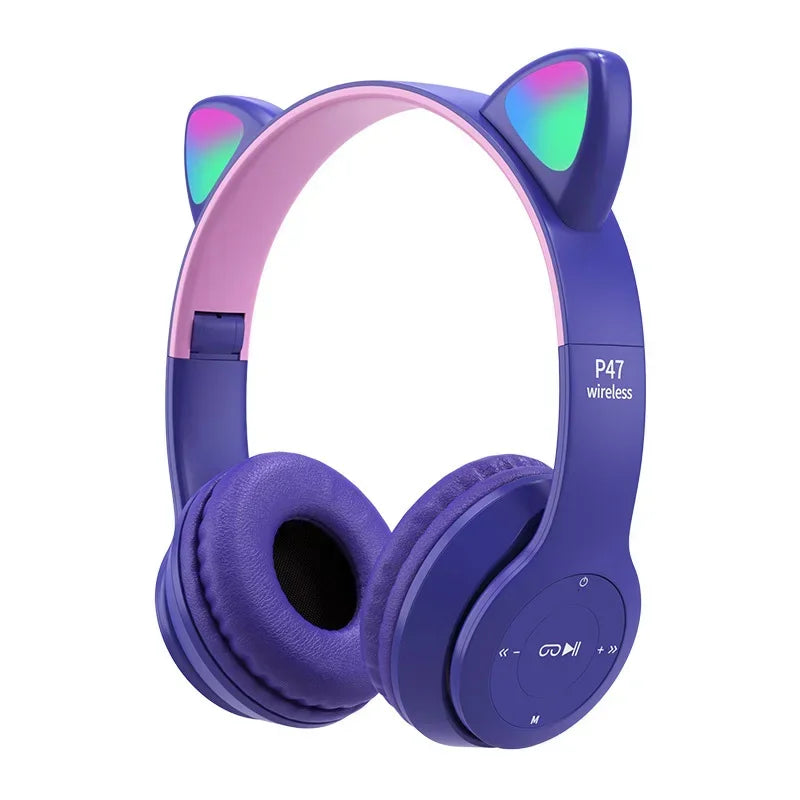 Cute Cat Ear Wireless Headphones with Rgb LED Lights for Kids Stereo Bluetooth Headset for Mobile Music and Computer Gaming