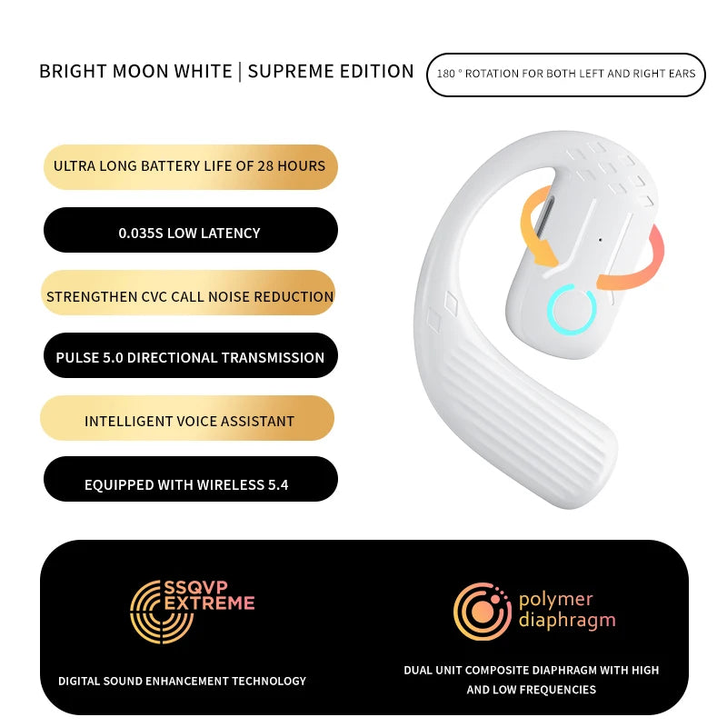 bluetooth 5.4 headset, open wireless earphone, universal ear-hook earphone, left right adjustable headset, sport business bluetooth earphone, wireless headset with mic, rotation ear hook headphone.