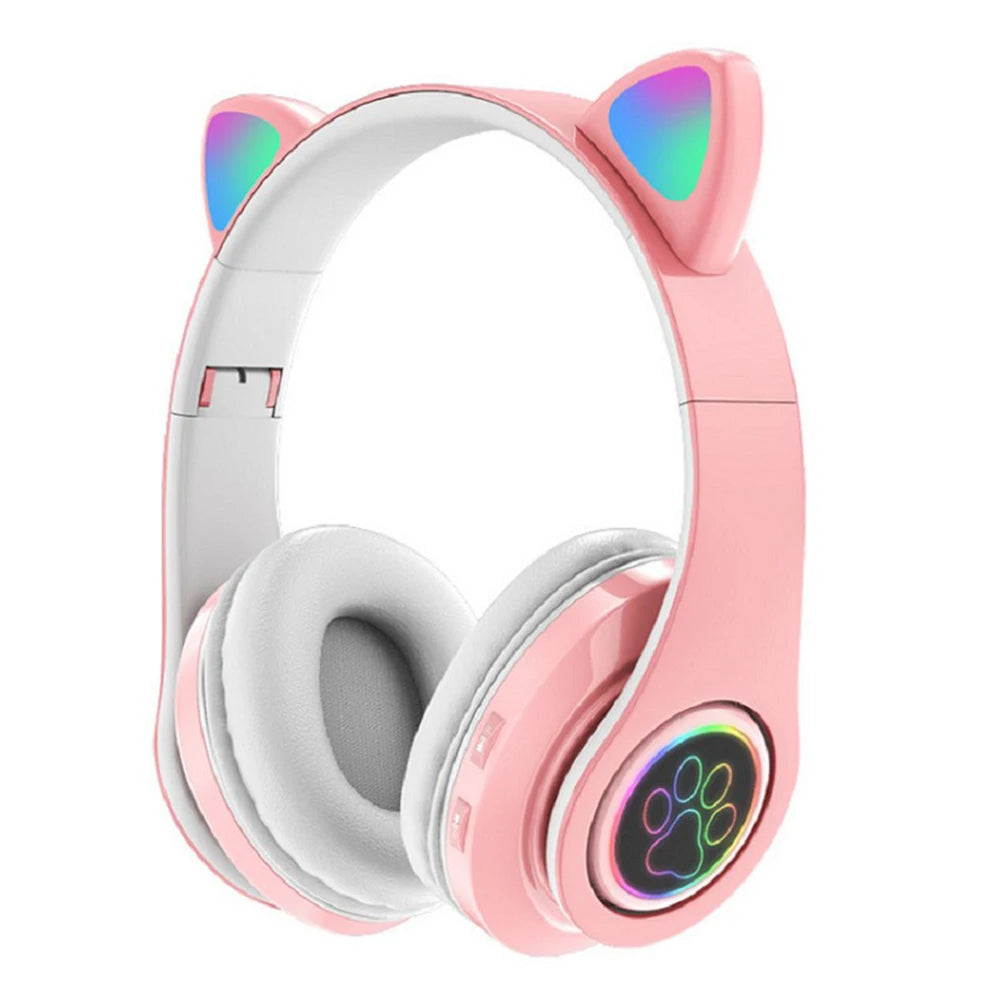 Cute Cat Ear Wireless Headphones with Rgb LED Lights for Kids Stereo Bluetooth Headset for Mobile Music and Computer Gaming