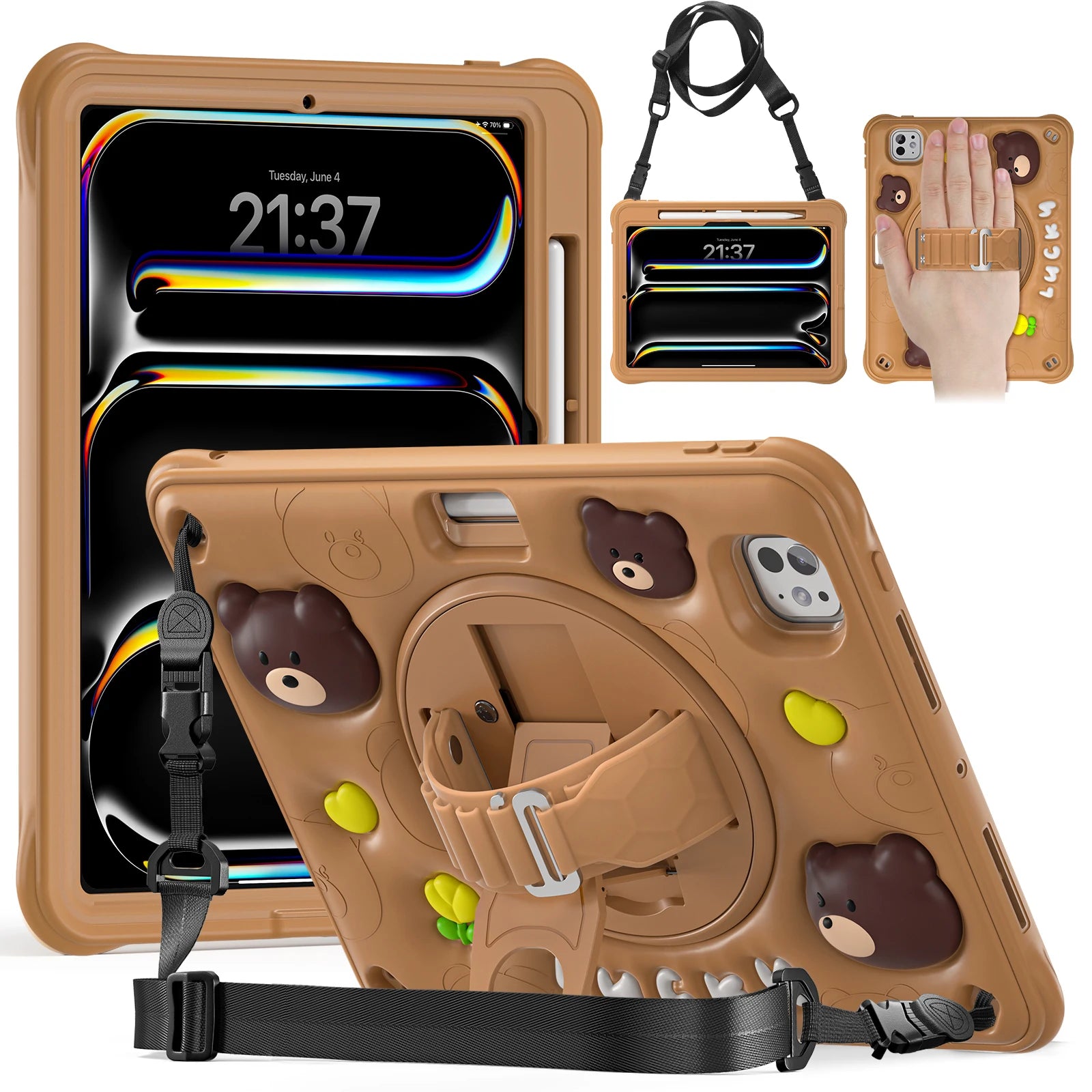 Heavy Duty Kids Cartoon Case For iPad Pro 11 2024 M4 A2836 A2837 A3006 360 Rotatable Hybrid Stand Cover With Hand Shoulder Strap