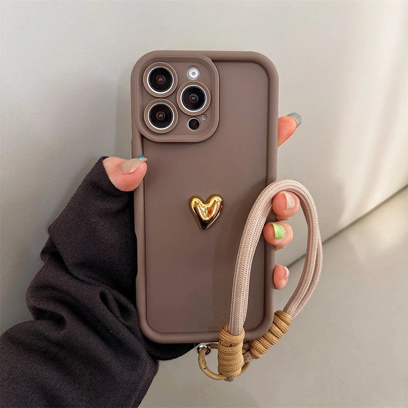 Cute Korean 3D Golden Love Heart Soft Case For iPhone 16 17 Pro Max 15 14 13 12 11 Pro 16E 7 8 Plus Wrist Chain Hang Strap Cover