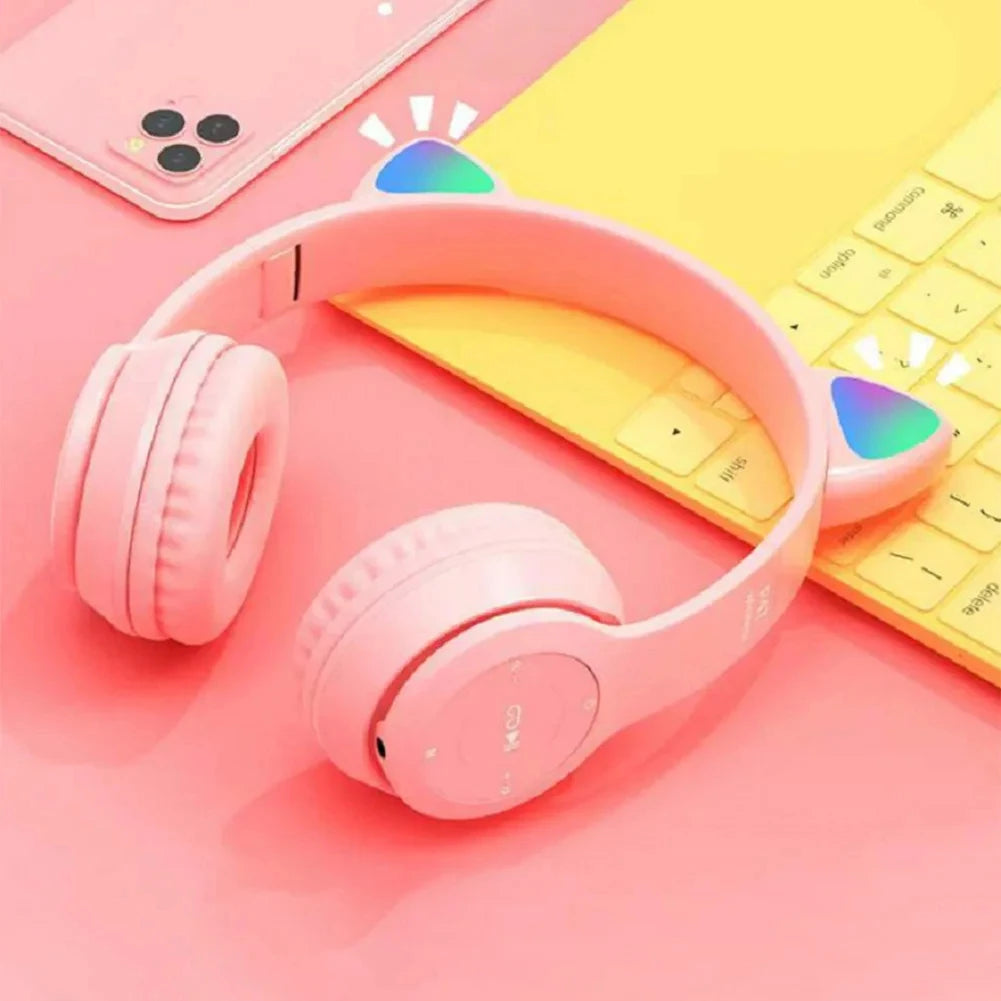 Cute Cat Ear Wireless Headphones with Rgb LED Lights for Kids Stereo Bluetooth Headset for Mobile Music and Computer Gaming