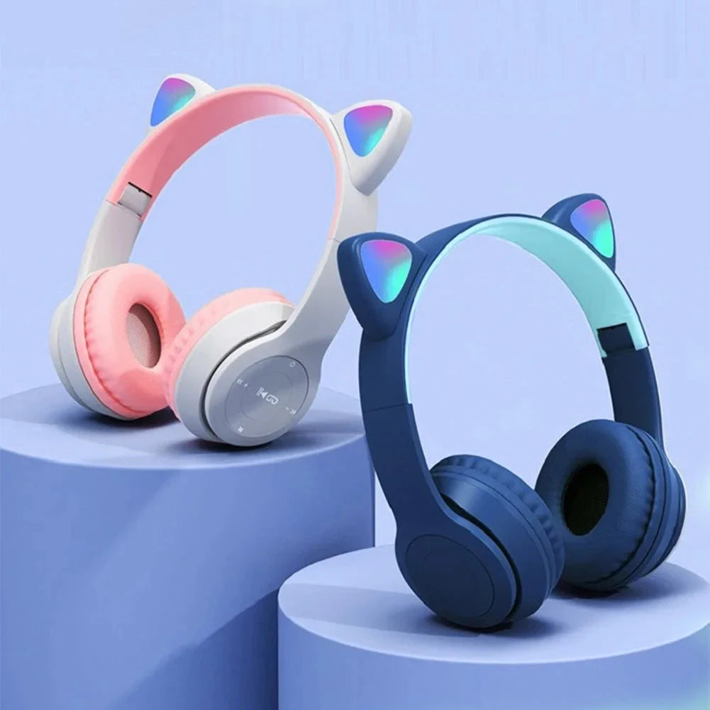Cute Cat Ear Wireless Headphones with Rgb LED Lights for Kids Stereo Bluetooth Headset for Mobile Music and Computer Gaming