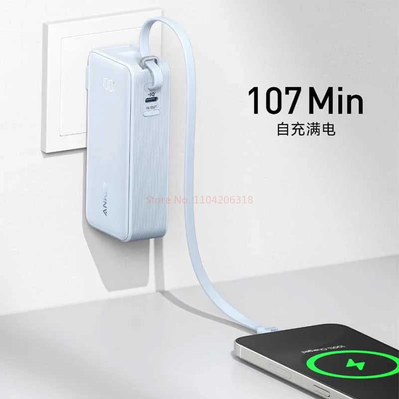 Anker 3-In-1 Portable Power Bank 10000mah  Charger With Built-In Usb-C Cable And Foldable Wall Plug 30w Fast Charging