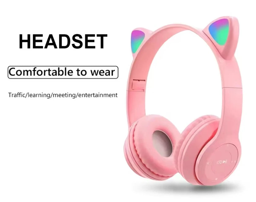 Cute Cat Ear Wireless Headphones with Rgb LED Lights for Kids Stereo Bluetooth Headset for Mobile Music and Computer Gaming