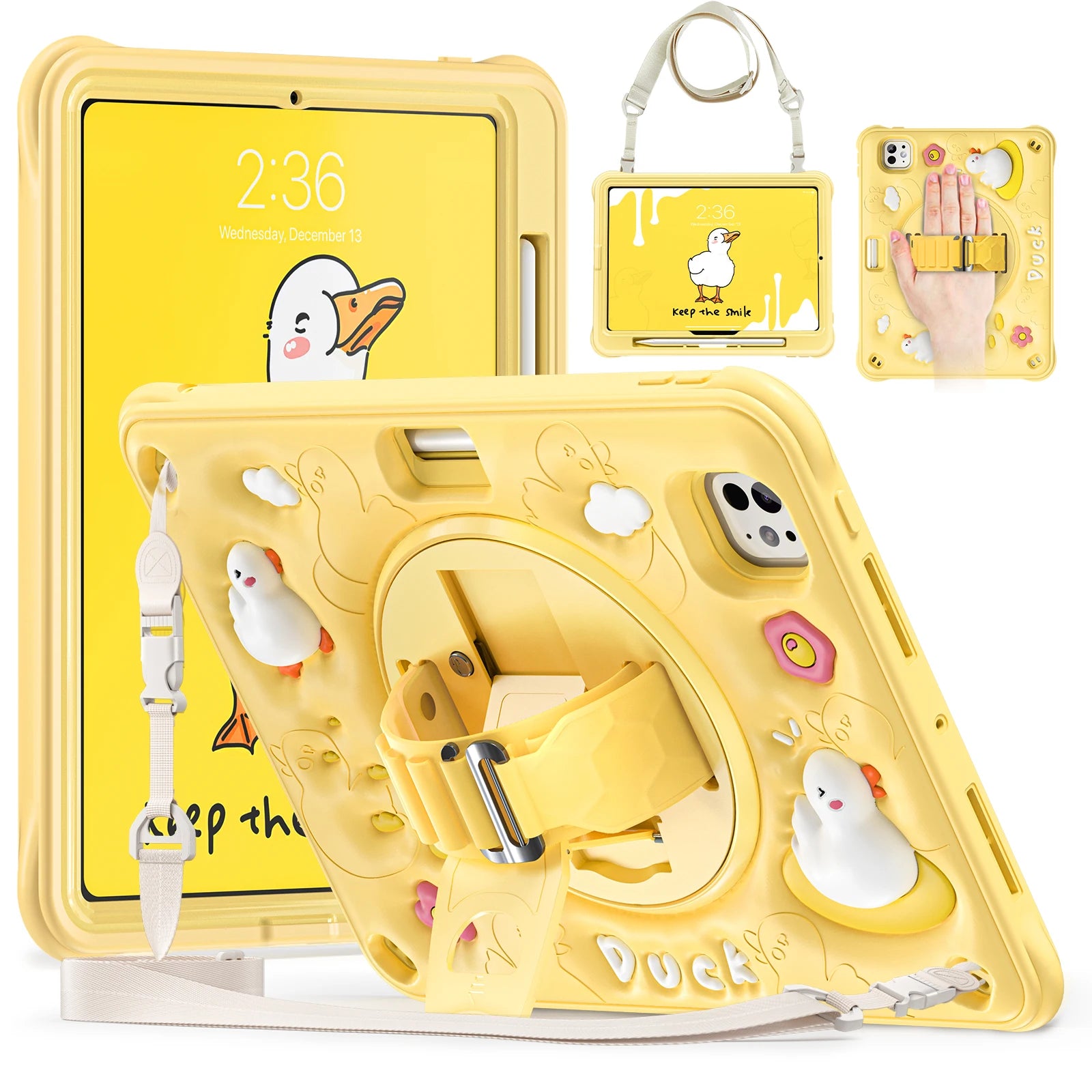 Heavy Duty Kids Cartoon Case For iPad Pro 11 2024 M4 A2836 A2837 A3006 360 Rotatable Hybrid Stand Cover With Hand Shoulder Strap