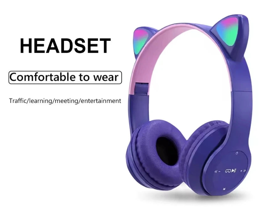 Cute Cat Ear Wireless Headphones with Rgb LED Lights for Kids Stereo Bluetooth Headset for Mobile Music and Computer Gaming