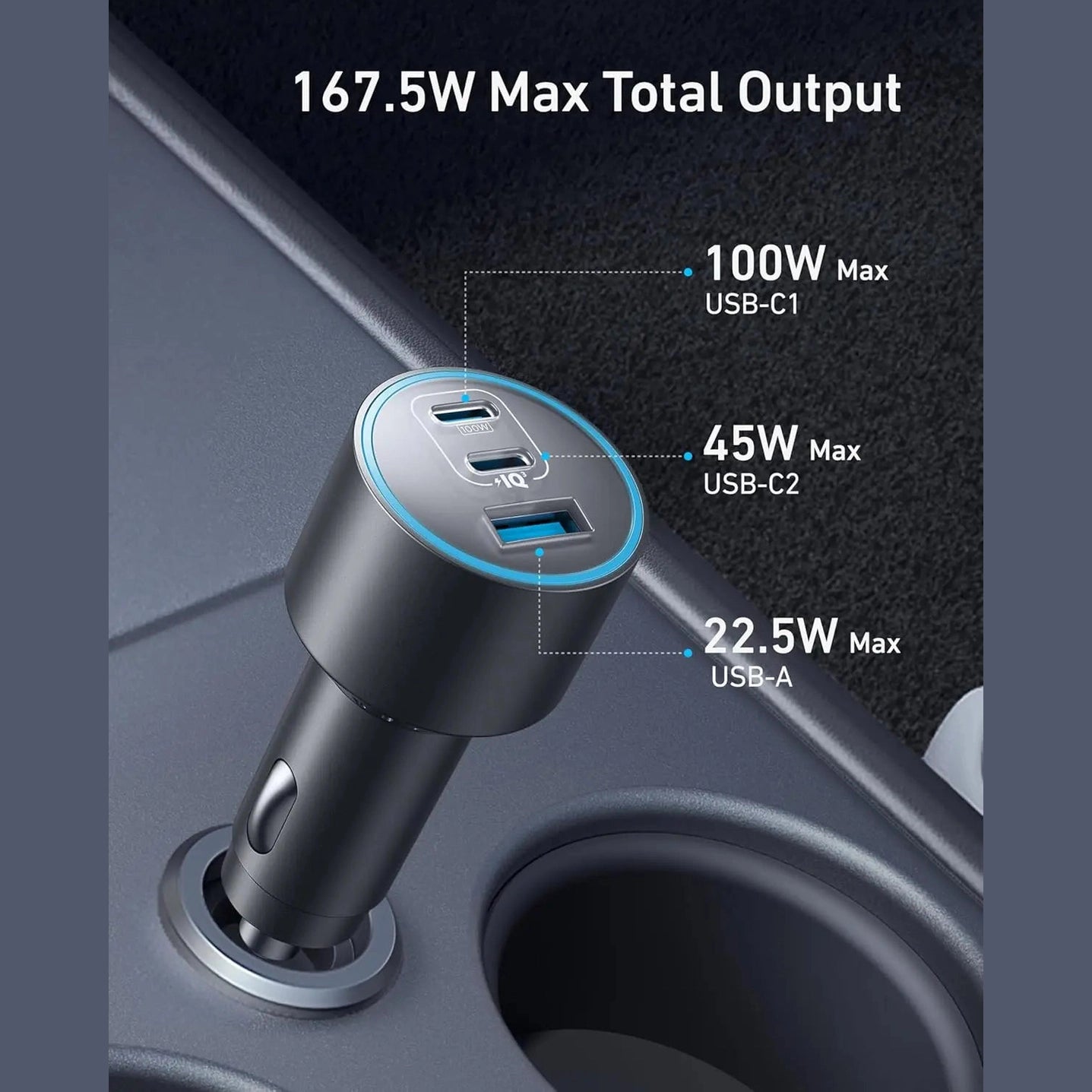 Anker USB-C Car Charger for iPhone 16, 167.5W Max 3-Port Ultra-Compact Type-C Fast Phone Car Charger