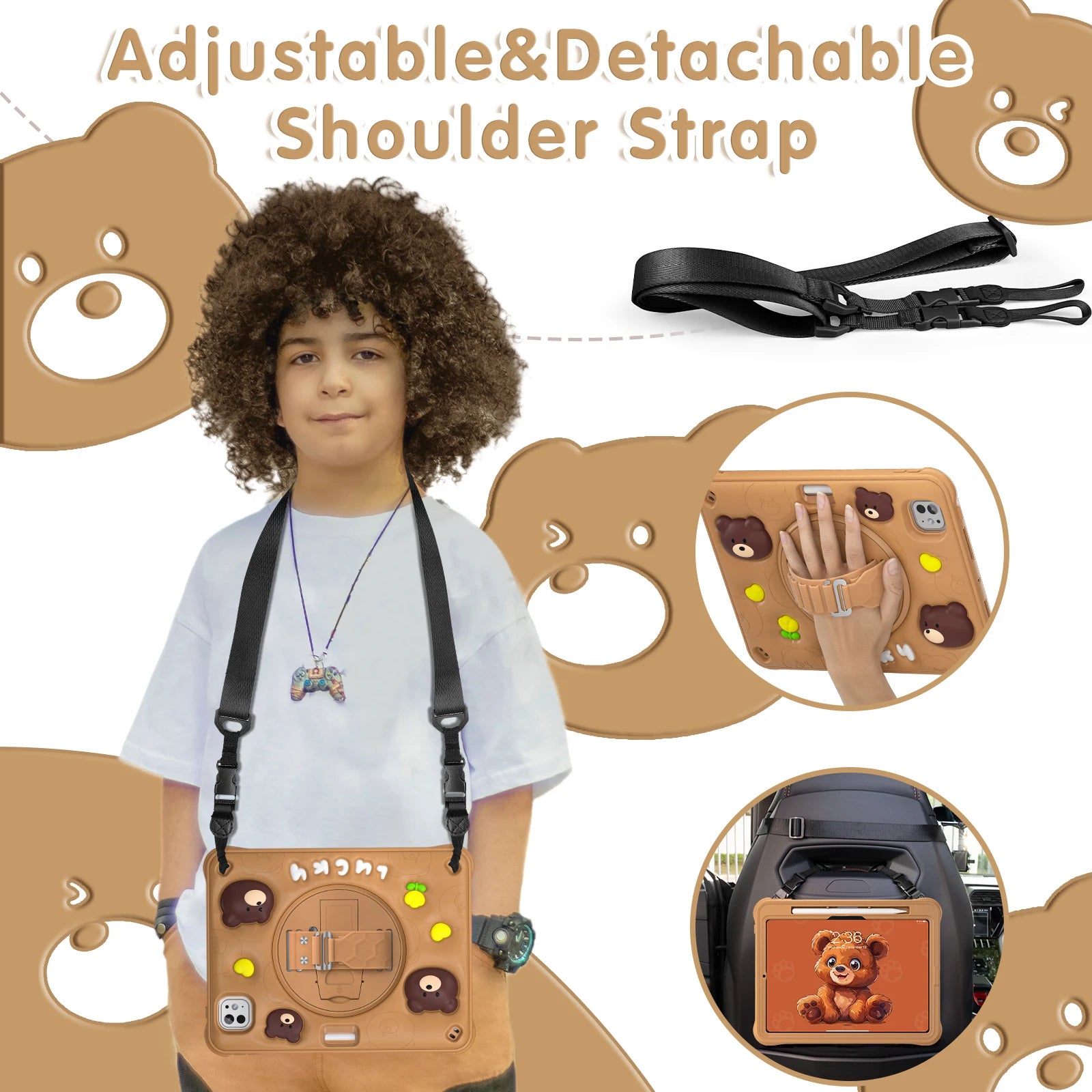 Heavy Duty Kids Cartoon Case For iPad Pro 11 2024 M4 A2836 A2837 A3006 360 Rotatable Hybrid Stand Cover With Hand Shoulder Strap