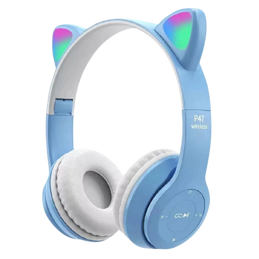 Cute Cat Ear Wireless Headphones with Rgb LED Lights for Kids Stereo Bluetooth Headset for Mobile Music and Computer Gaming