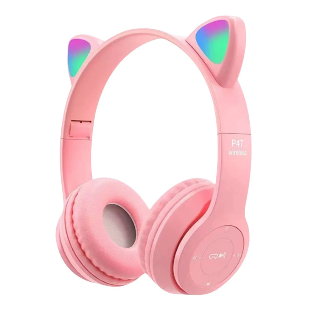 Cute Cat Ear Wireless Headphones with Rgb LED Lights for Kids Stereo Bluetooth Headset for Mobile Music and Computer Gaming