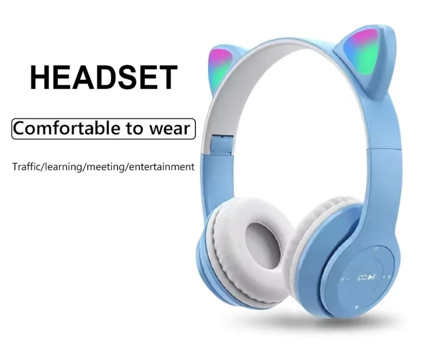 Cute Cat Ear Wireless Headphones with Rgb LED Lights for Kids Stereo Bluetooth Headset for Mobile Music and Computer Gaming