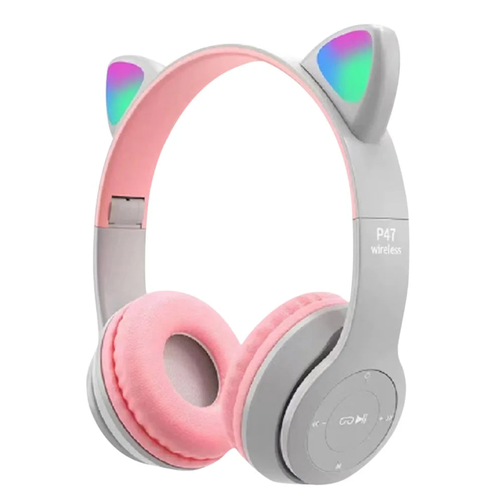Cute Cat Ear Wireless Headphones with Rgb LED Lights for Kids Stereo Bluetooth Headset for Mobile Music and Computer Gaming