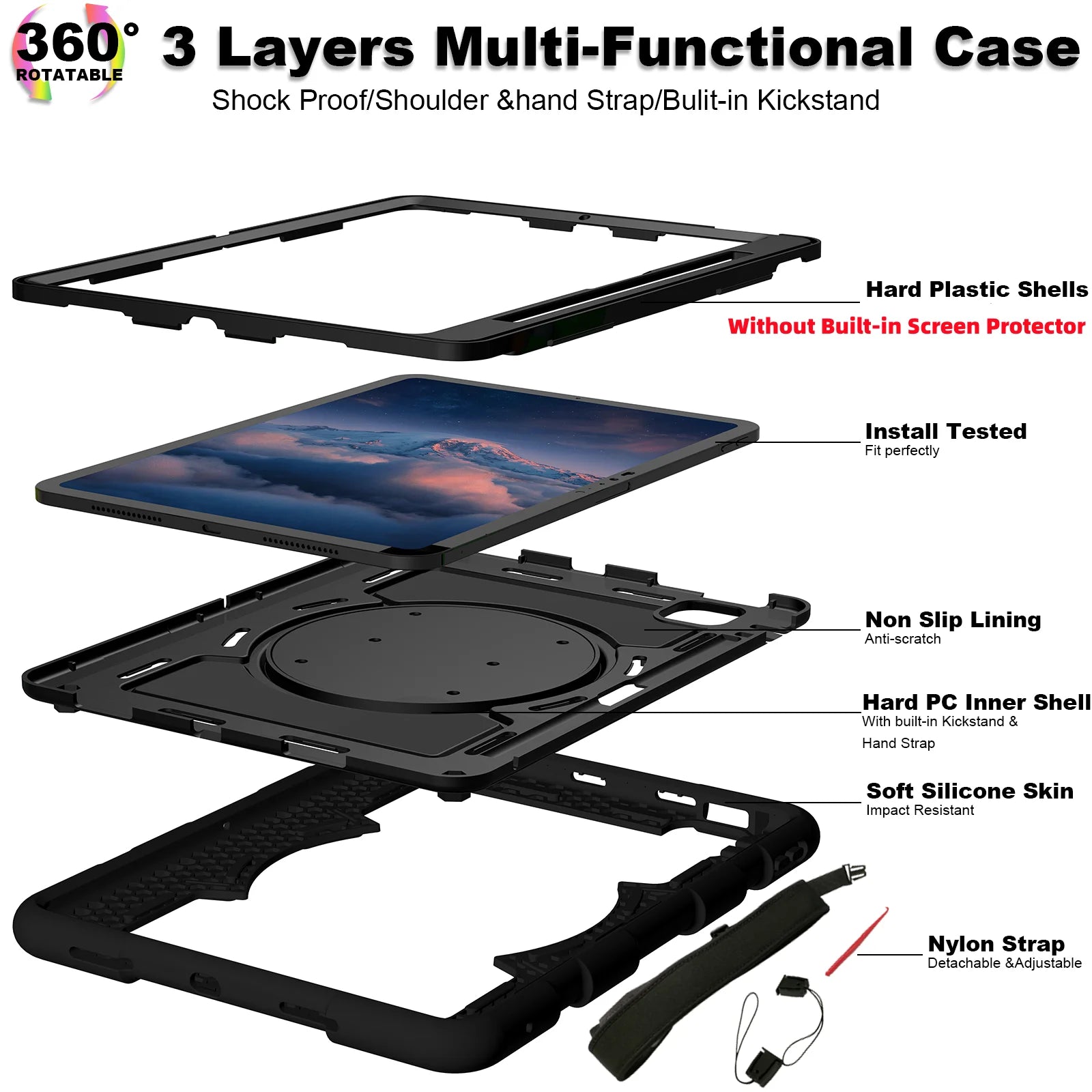 Heavy Duty Case For iPad Pro 11 M4 2024 Model A2836 A2837 A3006 360 Rotation Armor Stand Cover With Shoulder Strap Shockproof