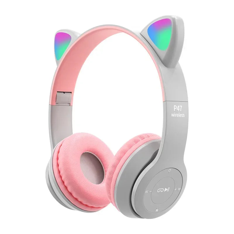 Cute Cat Ear Wireless Headphones with Rgb LED Lights for Kids Stereo Bluetooth Headset for Mobile Music and Computer Gaming