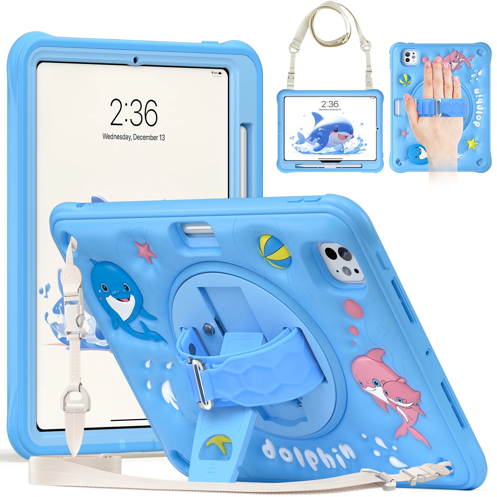 Heavy Duty Kids Cartoon Case For iPad Pro 11 2024 M4 A2836 A2837 A3006 360 Rotatable Hybrid Stand Cover With Hand Shoulder Strap