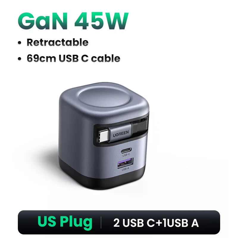 UGREEN 45W GaN Retractable Cable Charger UFCS PPS QC PD 3.0 For iPhone 17 16Pro Samsung S25 iPad Macbook Air Tablet Fast Charger