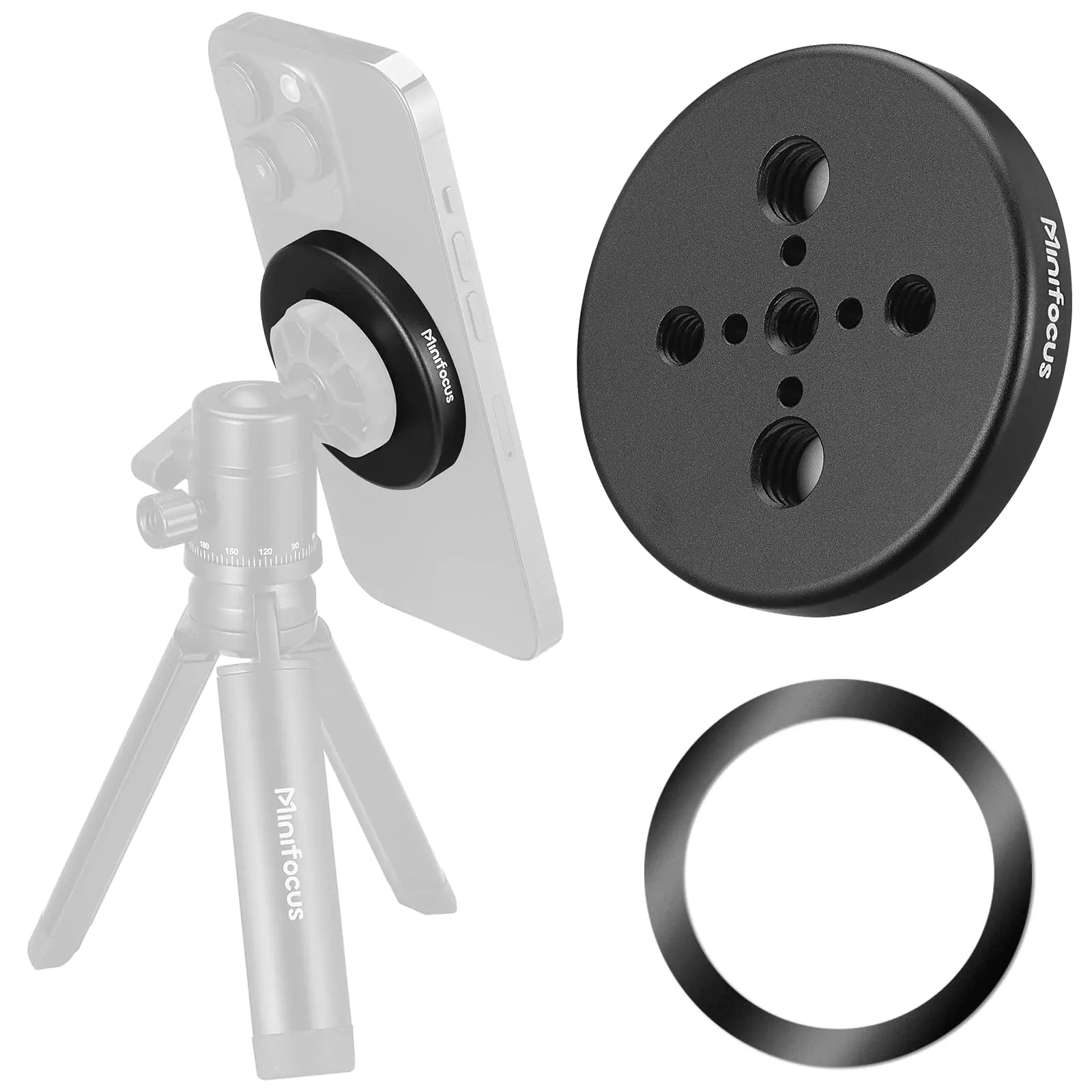 MINIFOCUS Magsafe Tripod Adapter Magnetic Phone Tripod Mount Adapter with 1/4" Holes Compatible with MagSafe Sticker for iPhone 16/15/14/13/12 Pro/Pro Max/Mini & More Phone Tripod Selfie Stick