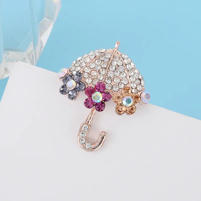 Fashionable Rhinestone Flower Umbrella Brooch Pin