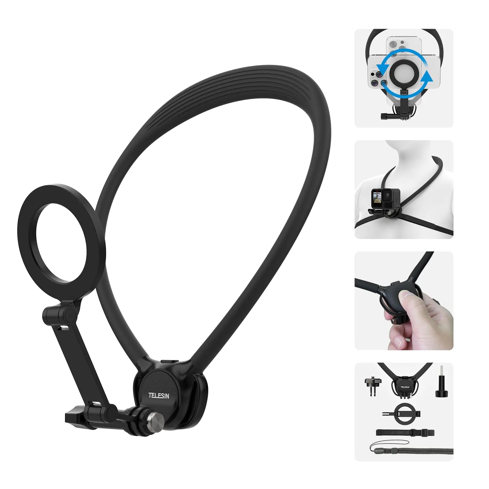 TELESIN Neck Mount SE 2.0 for Phones & Action Camera Magnetic Neck Phone Holder POV/Vlog Selfie Mount Hand Free Chest Stand Strap Video Recording for iPhone 16 15 14 13 12 Seires Action Camera